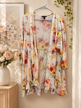 torrid Floral Open-Front Kimono in Cream with Coral and Yellow Print